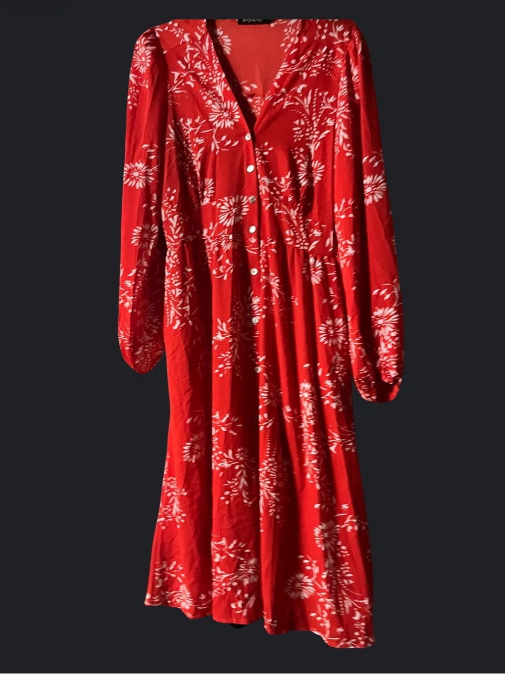 Red Floral Button-Front Midi Dress